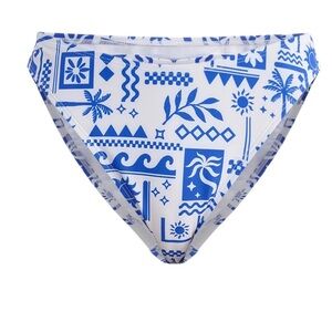 High Leg Mid Rise Cheeky Bikini Bottom Blue and White No Boundaries Large 12-14